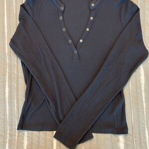 Cotton On Ribbed Henley Long Sleeve Top Medium Cropped blue-gray Snap Front